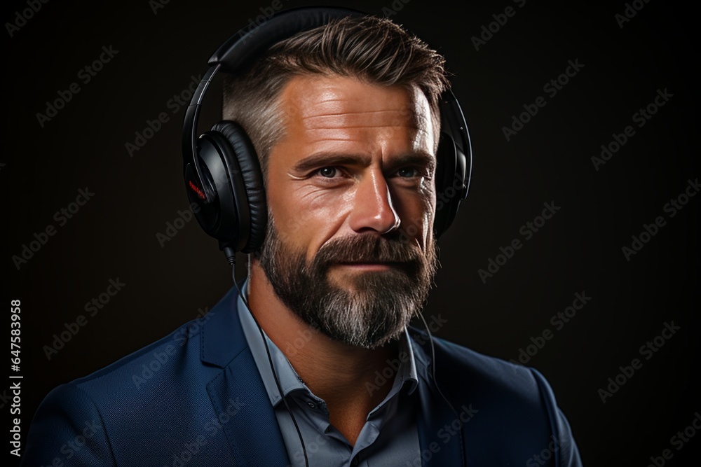 Man with a thoughtful expression using headphones for a conference call on a gray background, Generative AI Man with a thoughtful expression using headphones for a conference call on a gray background, Generative AI