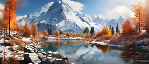 this is a view of a beautiful snowy mountain range with a lake and colorful trees