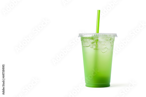 Green drink in a plastic cup isolated on a white background. Take away drinks concept with copy space