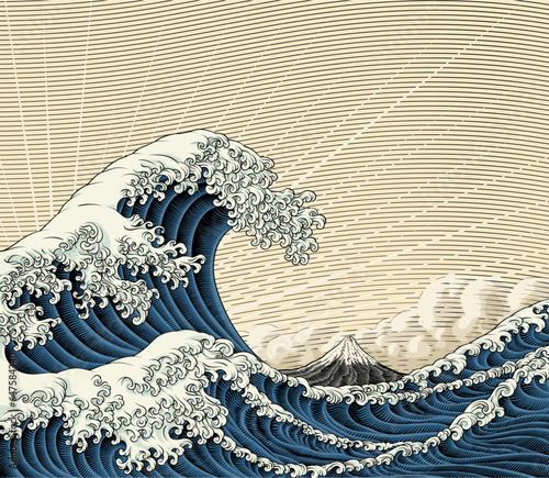 Photographie A Japanese great wave sea Japan engraved art design in a vintage woodcut intagli