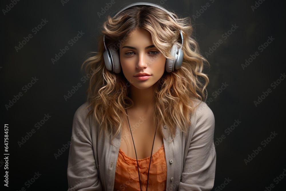 Woman in deep concentration wearing headphones on a gray background, Generative AI 