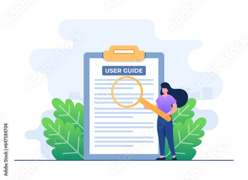 Character checking user manual book, Handbook, Guidebook, instruction book, Customer guide, Useful information, Technical document, Help, Specifications user guidance flat illustrations