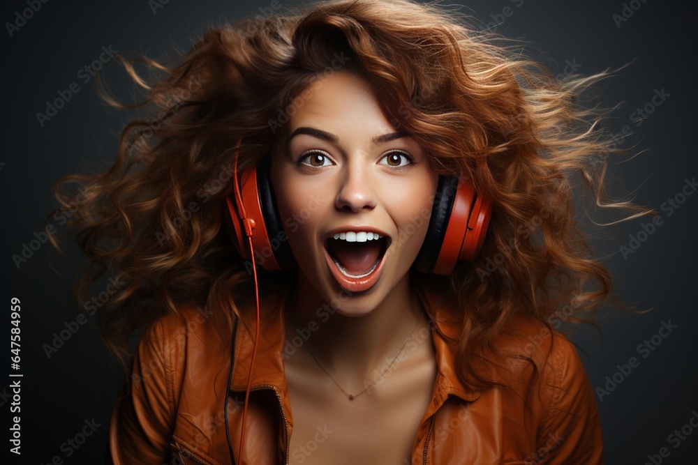 Woman with a surprised expression reacting to a podcast twist wearing headphones on a gray background, Generative AI