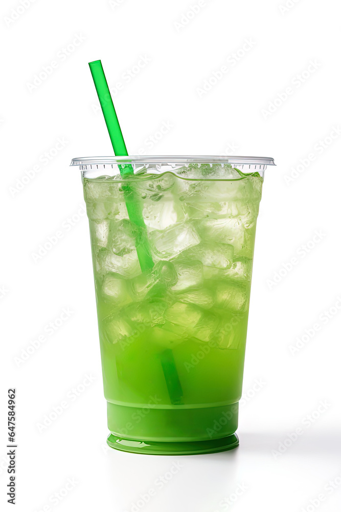 Green drink in a plastic cup isolated on a white background. Take away drinks concept Green drink in a plastic cup isolated on a white background. Take away drinks concept