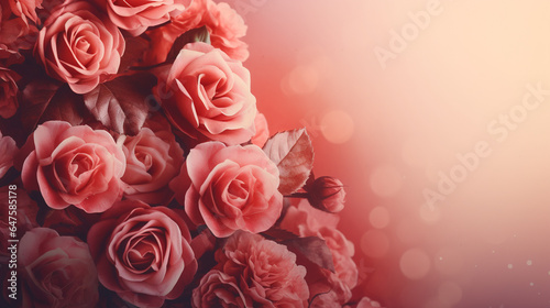 Pink roses background with copy space. AI