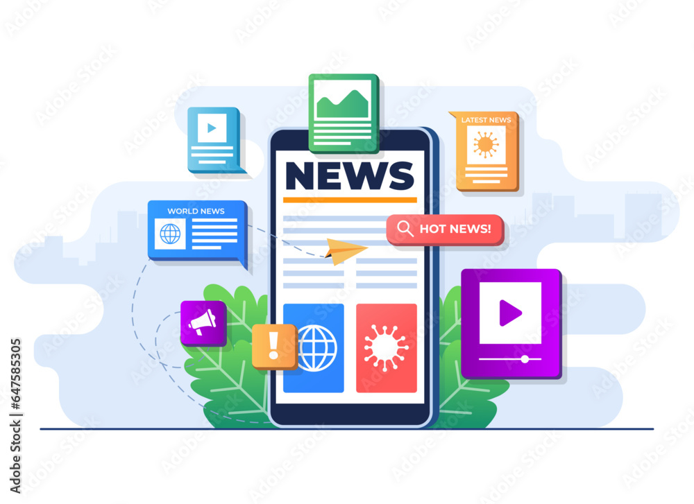 Online news mobile application flat illustration vector template, Online news article, News webpage, Online mass media on smartphone screen, Internet newsletter Online news mobile application flat illustration vector template, Online news article, News webpage, Online mass media on smartphone screen, Internet newsletter