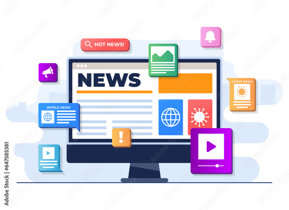 Online news mobile application flat illustration vector template, Online news article, News webpage, Online mass media on computer screen, Internet newsletter Online news mobile application flat illustration vector template, Online news article, News webpage, Online mass media on computer screen, Internet newsletter
