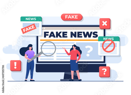 Spreading fake news concept flat illustration vector template, people character analyzing false information on online news, Press, Junk news content, Disinformation in newspaper