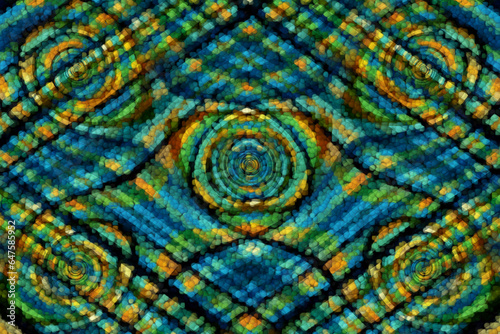 beaded textured pattern in green blue yellow and black curved patter and overlapping layered design
