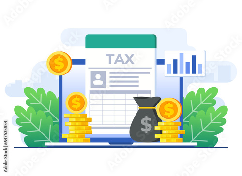 Online tax bill on laptop flat illustration vector template, Checking expensive utility bills, Personal financial management, Business and economy concept