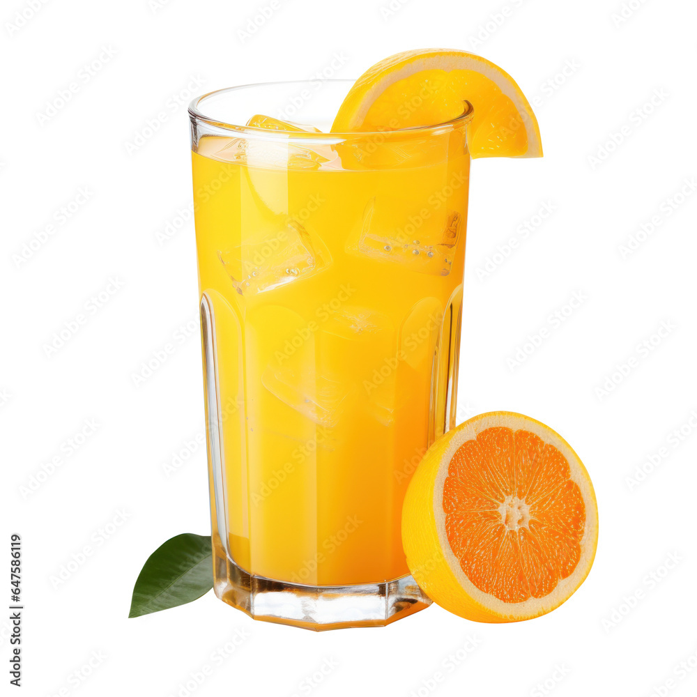 Fototapeta premium Glass of an orange juice with slice of orange fruit and leaves isolated on transparent background