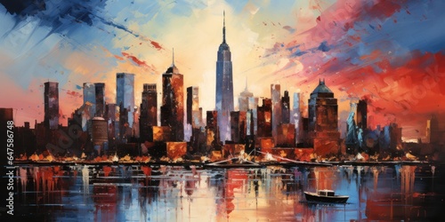 Abstract New York city panorama view in painting style, Wall art poster with american city photo