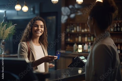 Customer standing near the bar counter paying the bill using a credit card