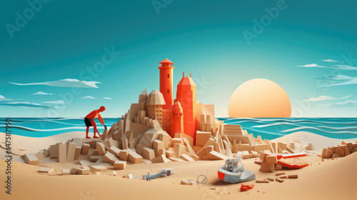 Building a sandcastle on the beach imagination taking shape made in paper cut craft