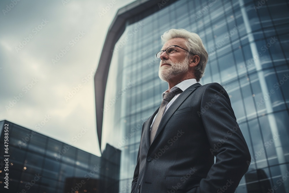 Fototapeta premium A businessman wearing suit standing front of modern office building.