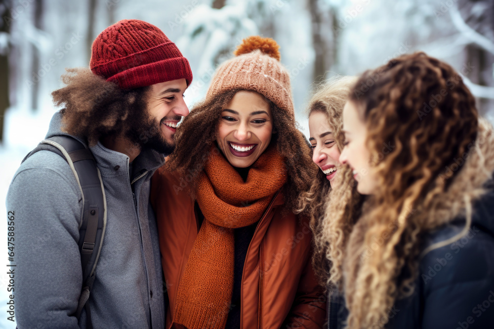 Happy young friends laughing and having fun in winter. Made with AI gereration