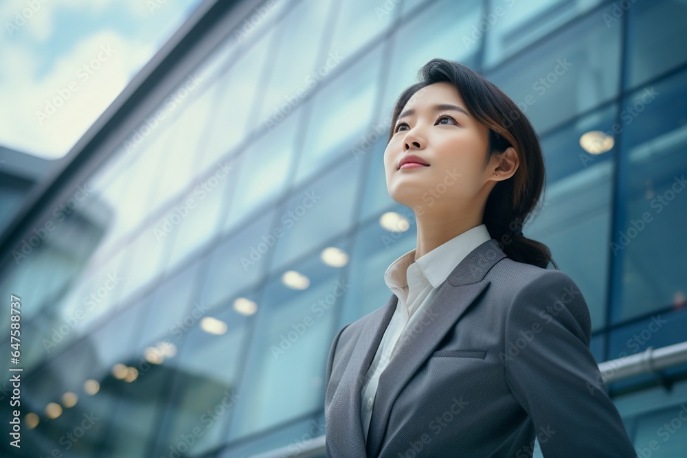 A businesswoman wearing suit standing front of modern office building. A businesswoman wearing suit standing front of modern office building.
