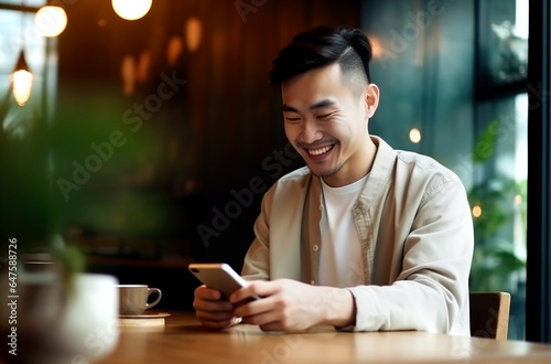 Beautiful Asian man sitting in a cafe and talking on a video call. Made with AI gereration