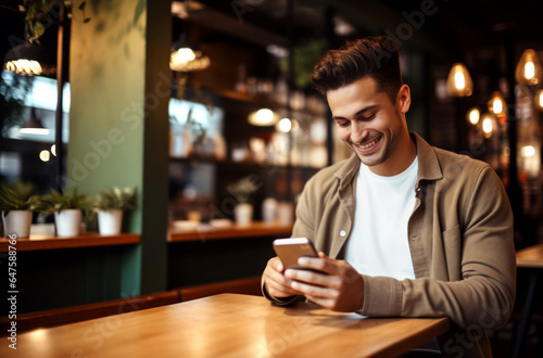 Beautiful man sitting in a cafe and talking on a video call. Made with AI gereration
