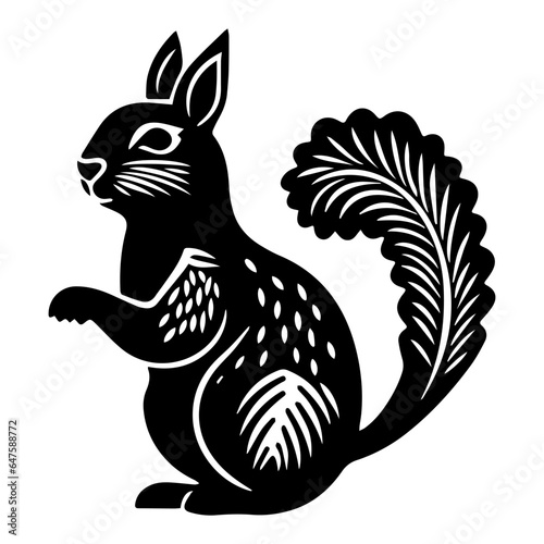 Textured squirrel hand drawn in linocut or woodcut style, silhouette vector illustration, isolated on white background