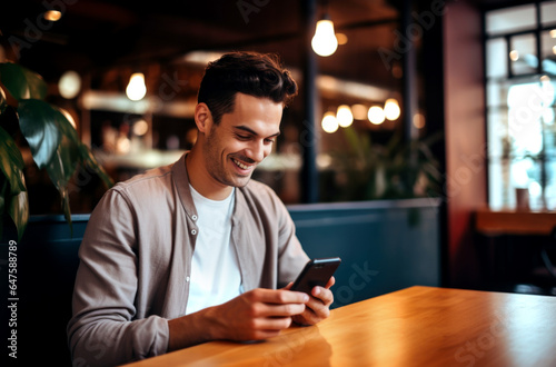 Beautiful man sitting in a cafe and talking on a video call. Made with AI gereration