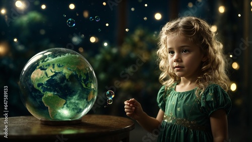 Fototapeta Naklejka Na Ścianę i Meble -  Earth Day. The child looks at planet Earth in the form of a soap bubble.