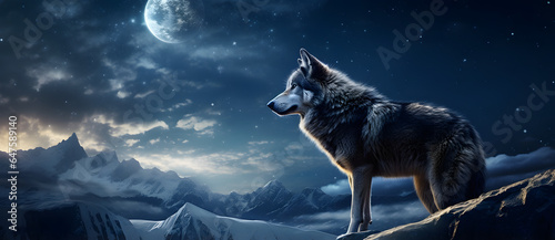 a wolf staring into the night sky