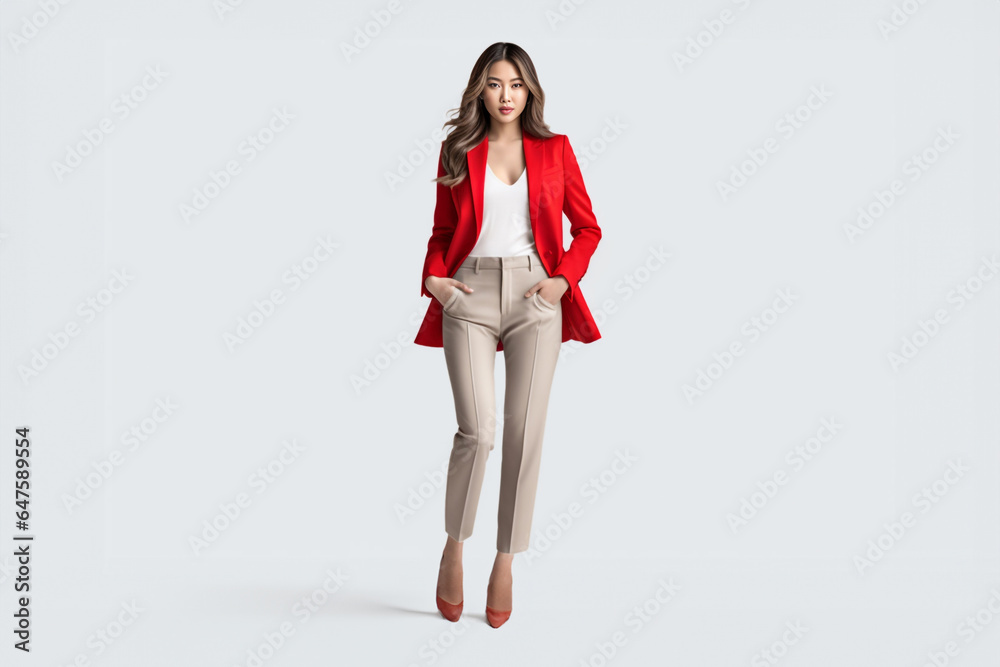 A poised and intelligent young Asian lady, donning a white suit with a bold red shirt, presents on a white backdrop. Generative AI. A poised and intelligent young Asian lady, donning a white suit with a bold red shirt, presents on a white backdrop. Generative AI.