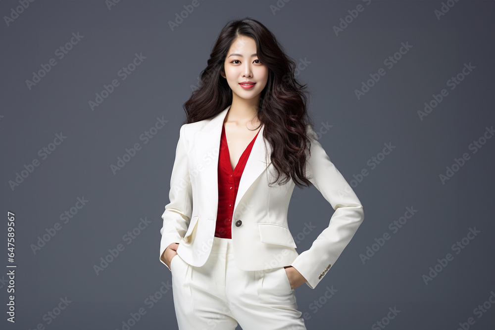 A poised and intelligent young Asian lady, donning a white suit with a bold red shirt, presents on a white backdrop. Generative AI.