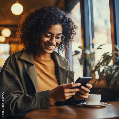 women using her smartphone in caffee photo