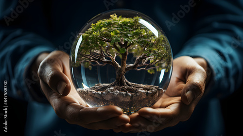 Male hands holding a glass ball with a tree in the middle. The concept of greening the planet 