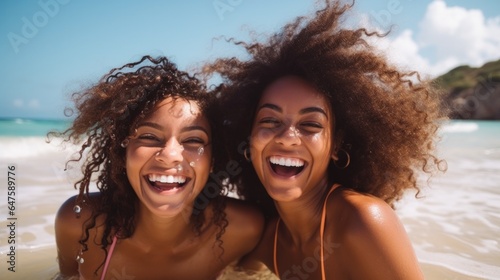 Young black woman having fun at beach with best friend. Cheerful friends enjoying at sea.