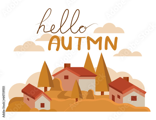 Hello autumn. Autumn phrase with yellow leaves, autumn theme pumpkins mushrooms vector illustration