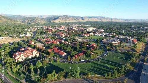 Aerial View of University of Boulder (CU Boulder) College campus in Boulder, Colorado, USA on a summer morning photo