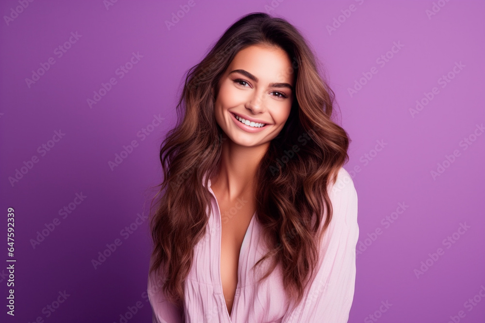 female model smiles in studio on violet background. happy model. Feminist mythology, purple and violet represent women's fight for equality and against discrimination. female model smiles in studio on violet background. happy model. Feminist mythology, purple and violet represent women's fight for equality and against discrimination.