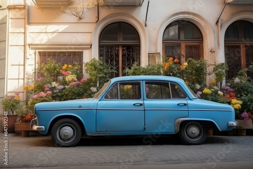 Retro blue rusty car near flowers. Generate Ai