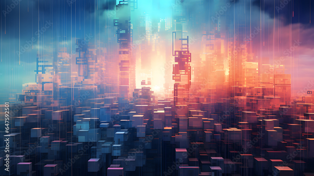 Witness the digital dreamscape of an abstract background design. This highly detailed image showcases pixelated patterns, glitch effects, and a futuristic aesthetic.