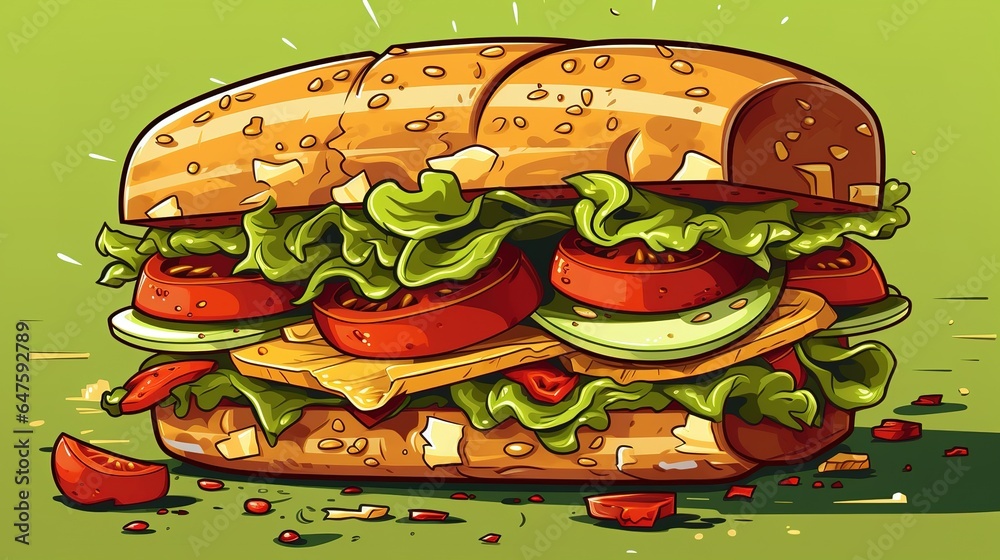 bright toast, sandwich with cheese and vegetables in comic style. Drawing