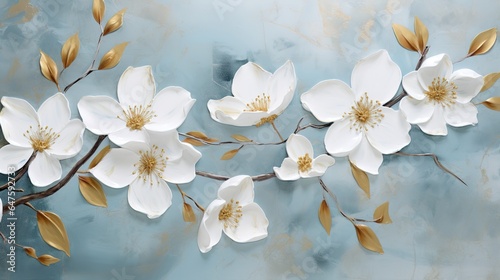 White  blue  gold flowers and leaves on a marble background. texture for card invitation wallpaper.