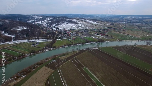 Aerial of River and Hills Landscape in the Winter