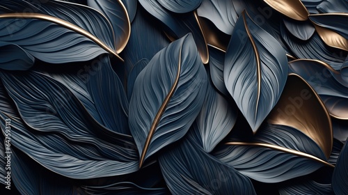 abstract blue and black tropical leaves  metal texture  bronze  gold  background  banner  layout 