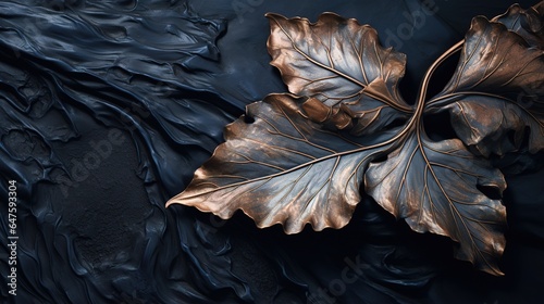 abstract blue and black tropical leaves, metal texture, bronze, gold, background, banner, layout,