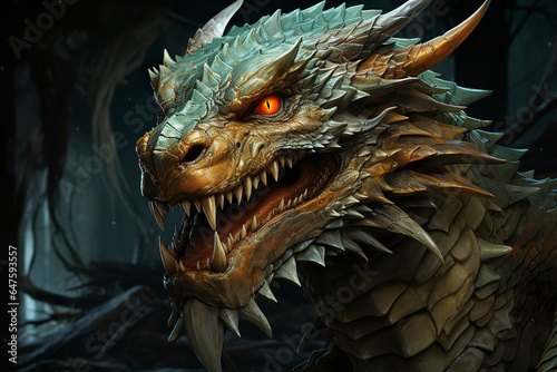 In this striking close-up  a green dragon s piercing yellow eyes command attention  drawing you into a world of fantasy.