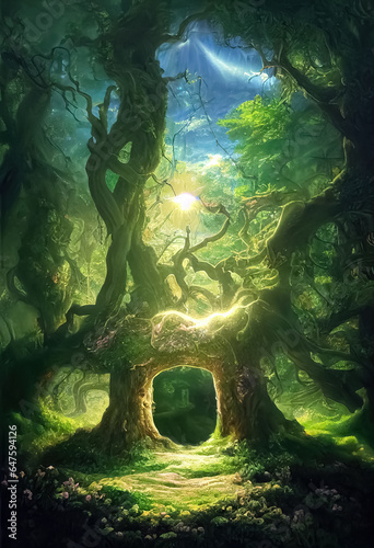 Magic teleport portal in mystic fairy tale forest. Gate to parallel fantasy surreal world.