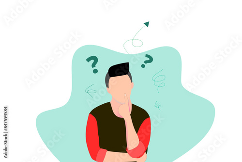 Young man character with hand on chin thinking about question, pensive expression on isolated background. Male Cartoon character. Vector illustration, Flat design