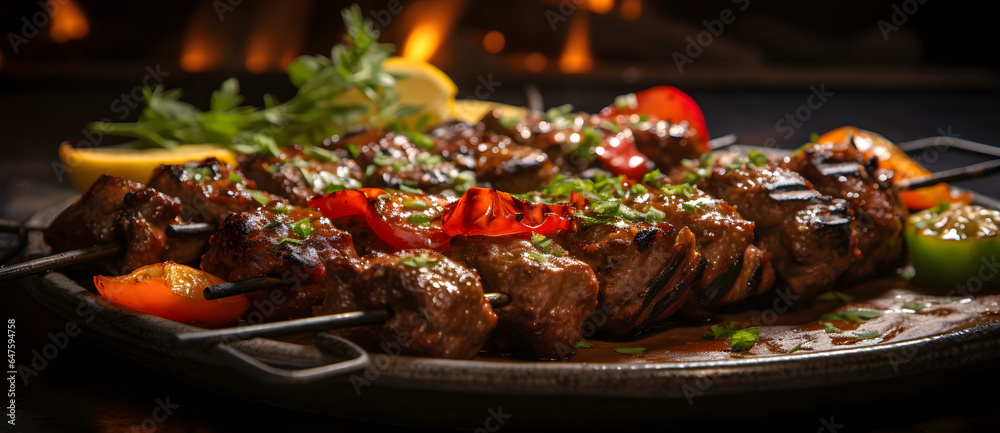a plate of meat kebabs on a wooden table