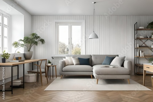 White walls and gray sofa living room interior design- Generated by AI © sajid
