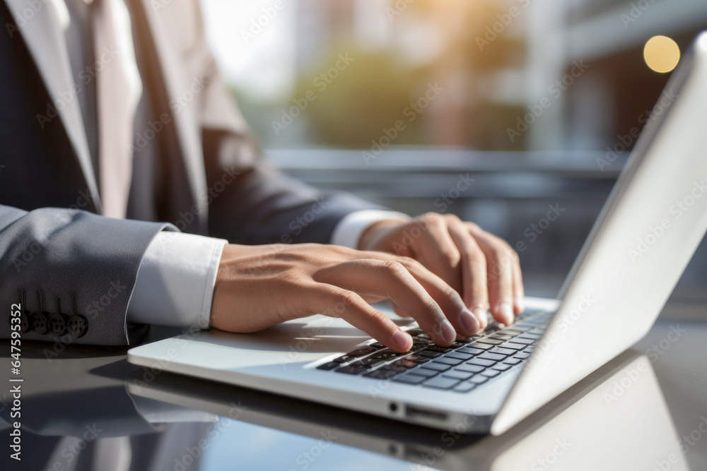 business man typing on a laptop computer. Close-up photo business man typing on a laptop computer. Close-up photo