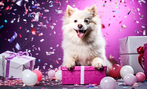 Cute dog with gift present and color balloon.anniversary and celebration or party concepts.decoration background design photo