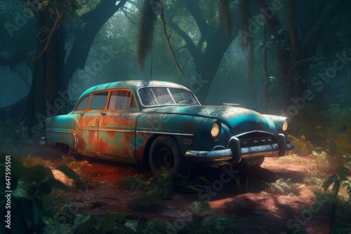 Rusty abandoned car concept. Generate Ai photo